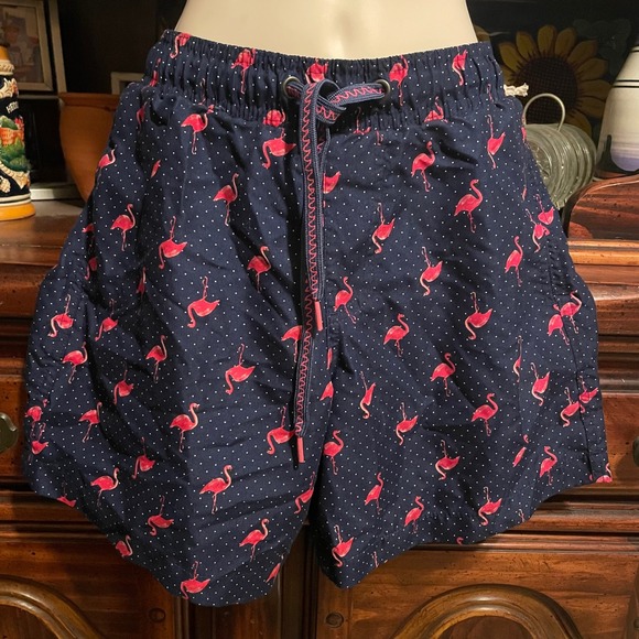 Surf Society swimwear navy Swim Trunks Flamingo Print Drawstring Waist Shorts‎ - Picture 1 of 13